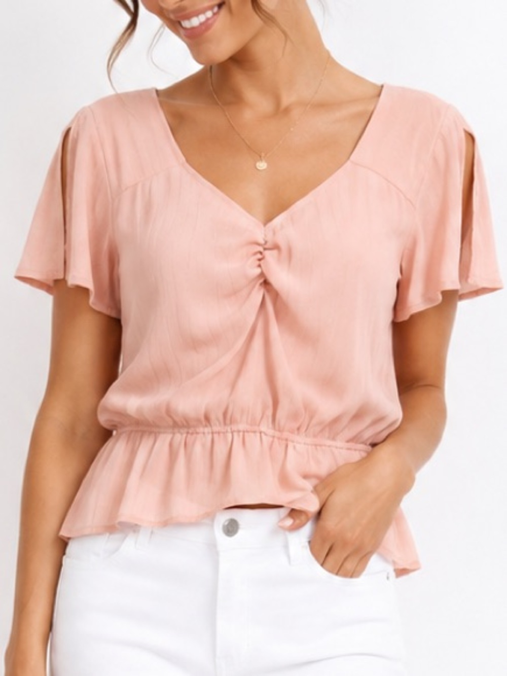 NWT I.N. San Francisco Blush Pink Split-Flutter Sleeve Peplum Blouse Top Size S